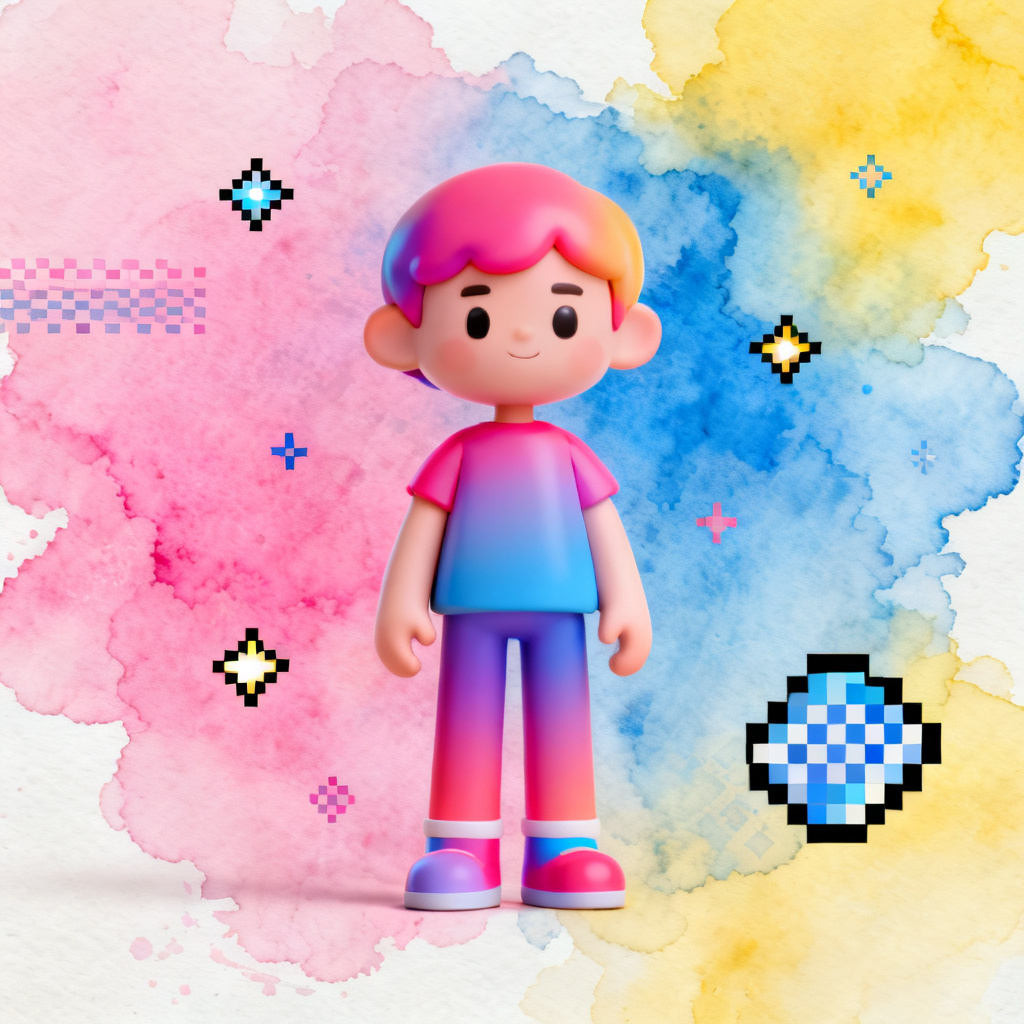 A multi-style fusion presentation slide showing a 3D cartoon character alongside a watercolor background and pixel art elements, all seamlessly integrated, style: mixed media with vibrant colors