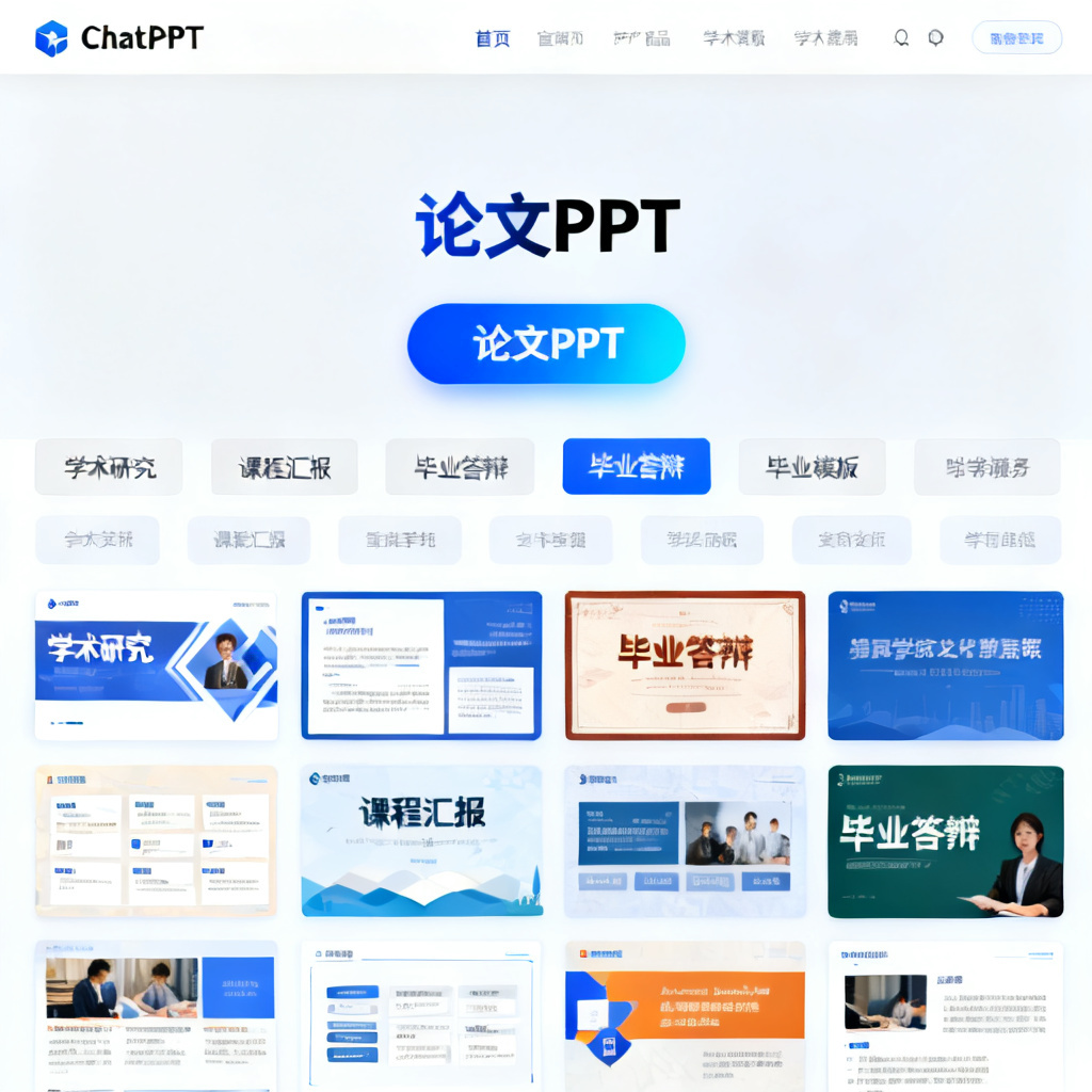 ChatPPT官网首页截图，突出显示“论文PPT”功能入口和学术模板