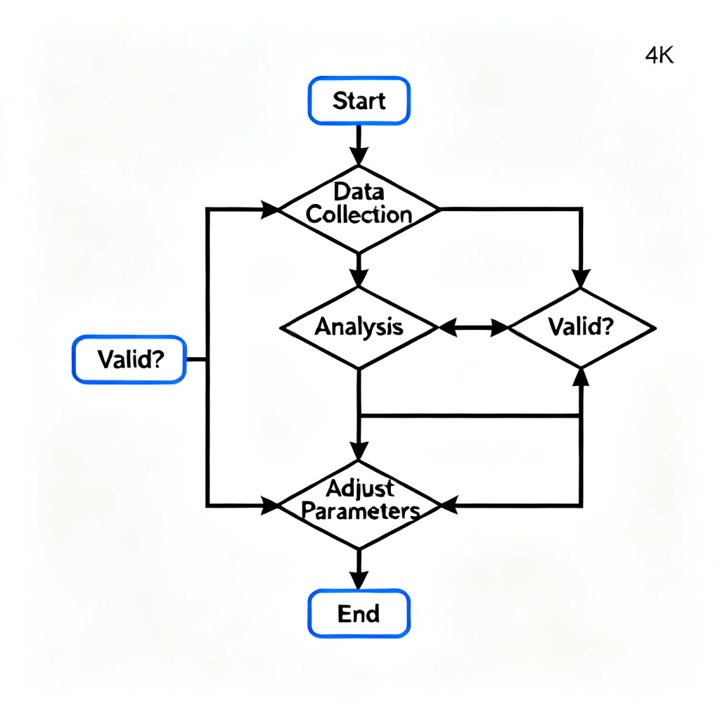 A clean, minimalist academic slide showing a complex experimental flowchart with multiple decision nodes and data arrows, white background, black and blue color scheme, high contrast, 4K detail