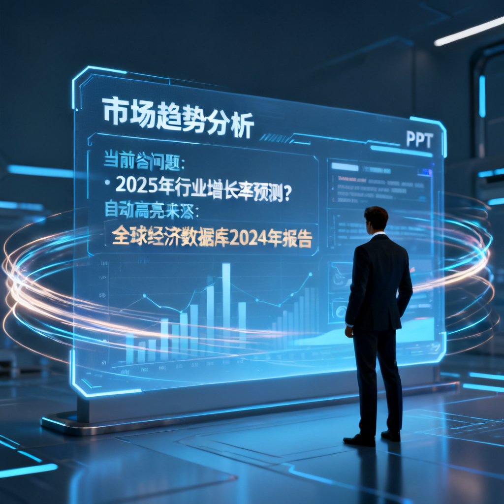 一个投资人模样的角色对着全息屏幕提问,屏幕上显示PPT内容并自动高亮答案来源,数据流动线条环绕,未来主义风格
