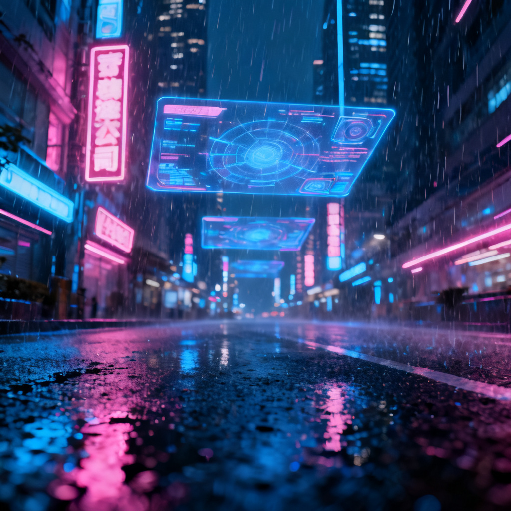 赛博朋克风格的未来城市夜景,霓虹灯招牌,全息投影,雨夜街道,高对比度蓝色与粉色色调