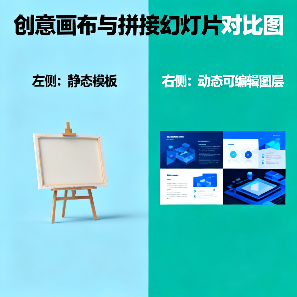 创意画布与拼接幻灯片的对比图，左侧是静态模板，右侧是动态可编辑图层
