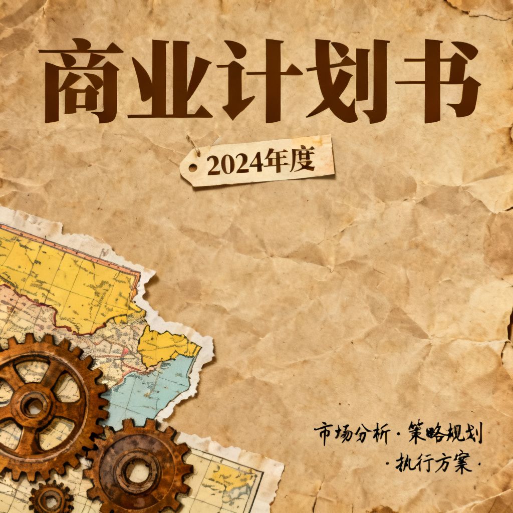 牛皮纸贴画风格商业计划书，复古纸张纹理，剪贴画风格的元素如齿轮、地图、标签，配色暖黄与棕褐
