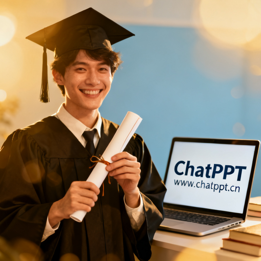 A graduate student smiling while holding a diploma, with a laptop in the background showing the ChatPPT website (www.chatppt.cn). The mood is celebratory and relieved.