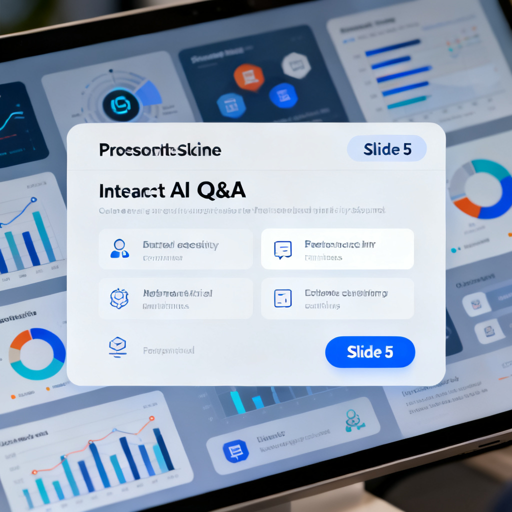 Interactive AI Q&A panel on a presentation screen, with highlighted source slide number 'Slide 5', professional data visualization background with charts and icons