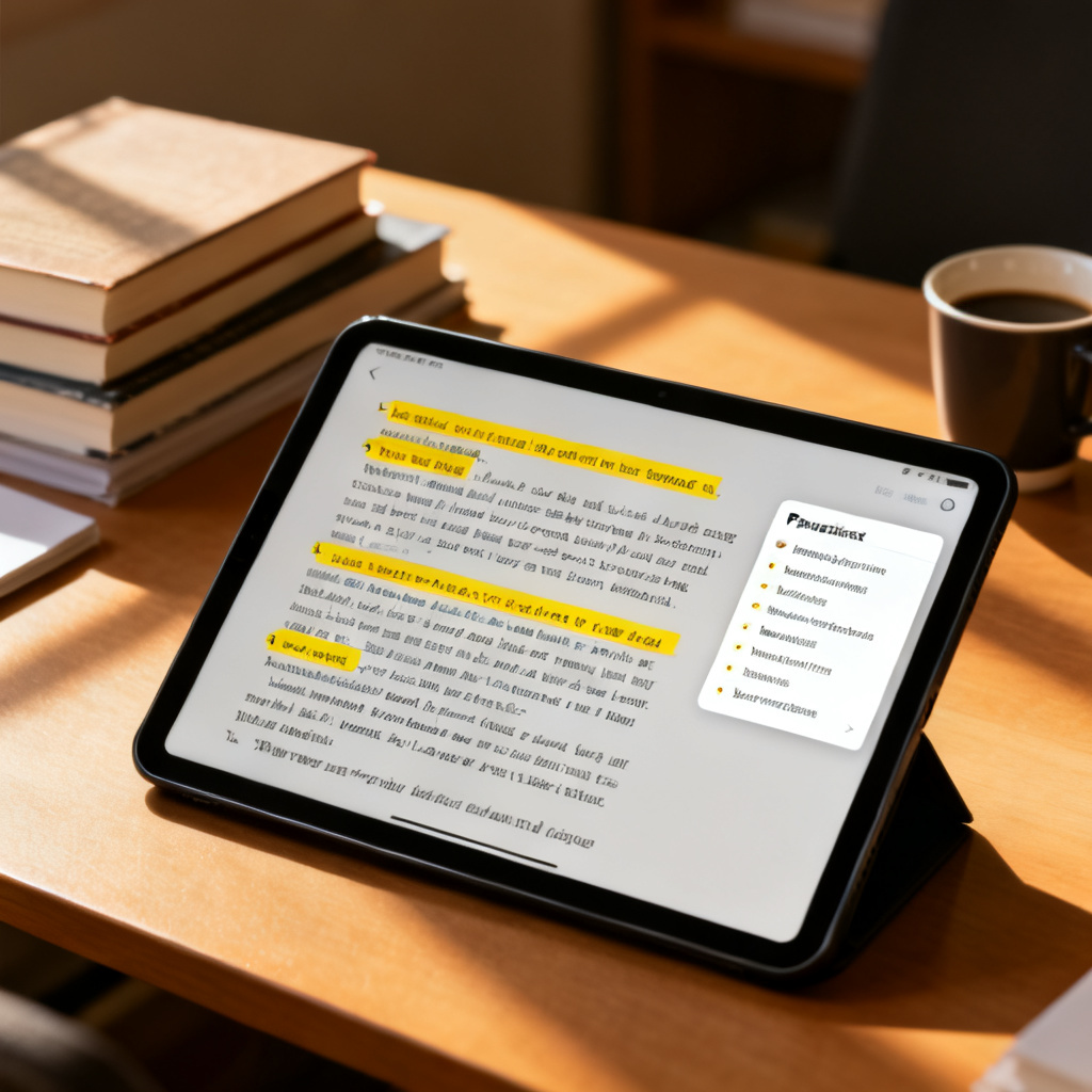 A digital tablet displaying a speech script with highlighted key sentences and a small window listing predicted questions and answers, academic desk setting, warm lighting