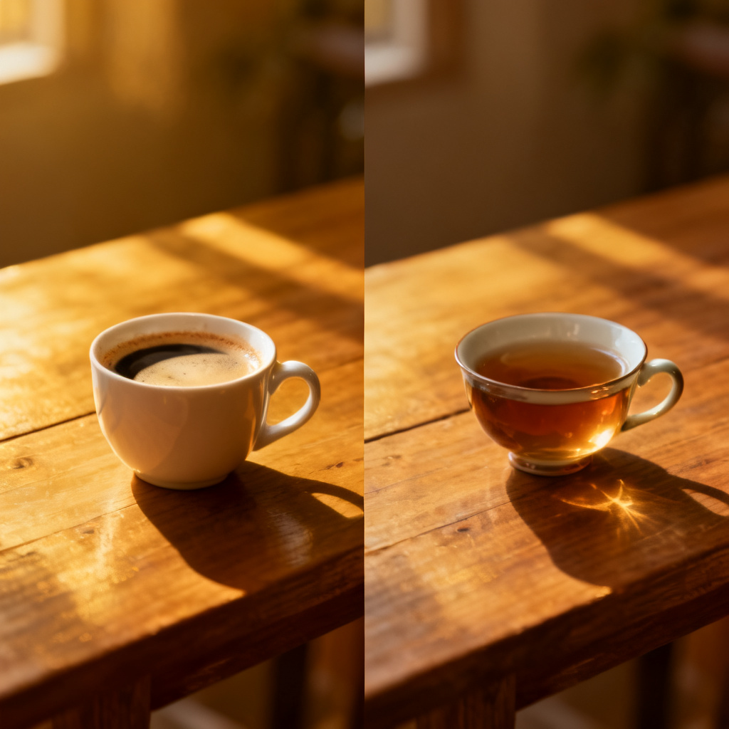 Before and after comparison of a slide using Magic Paint mode: left shows original slide with a cup of coffee, right shows the same slide with the coffee replaced by a tea cup, with consistent lighting and style