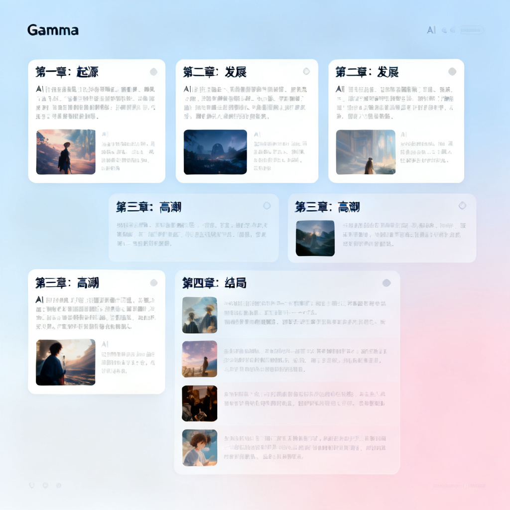 Gamma界面显示AI自动生成的故事线结构,包含章节卡片和缩略图,设计风格带着柔和的渐变色彩,背景干净整洁