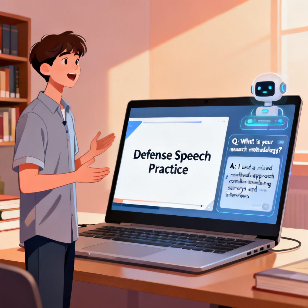 A student practicing a defense speech with a slide on screen, while a virtual assistant shows potential questions and answers on the side