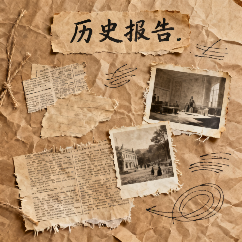 牛皮纸贴画风格的历史报告，复古纹理，手工质感