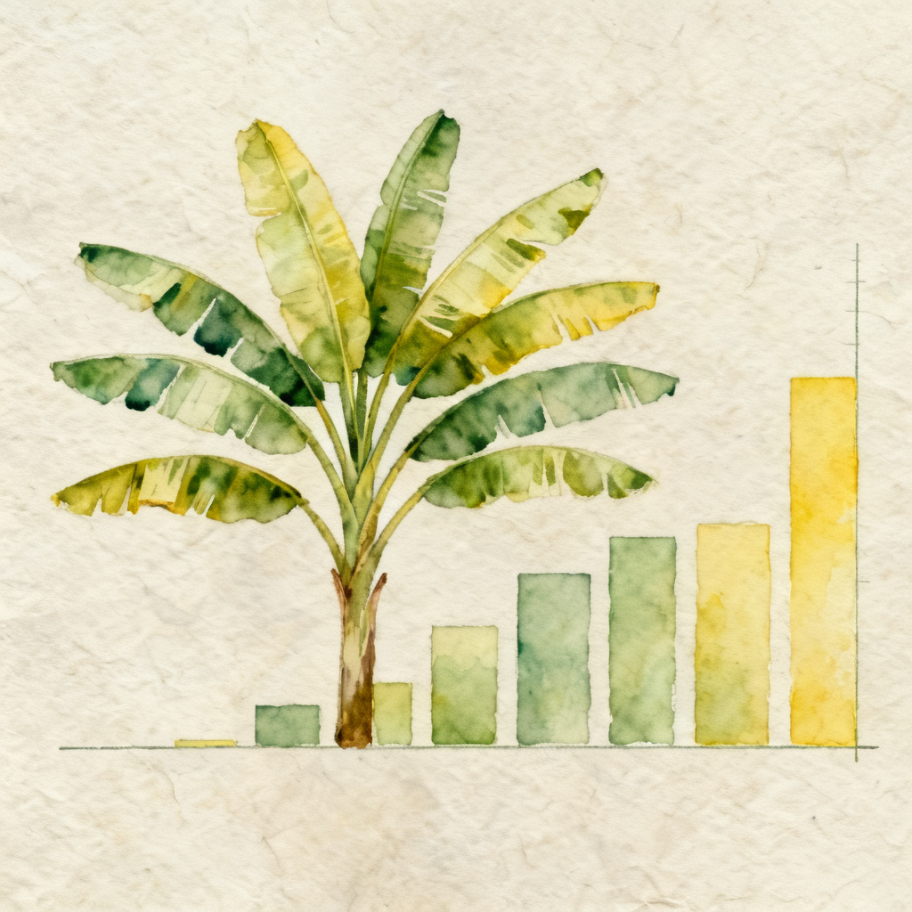 A minimalist botanical illustration of a banana tree, with leaves forming the shape of a bar chart, in a watercolor style on textured paper.