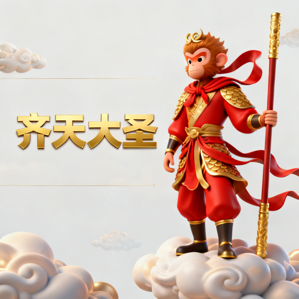 孙悟空在云端,3D风格,金色和红色调,作为PPT内页插图,左侧有标题区域。
