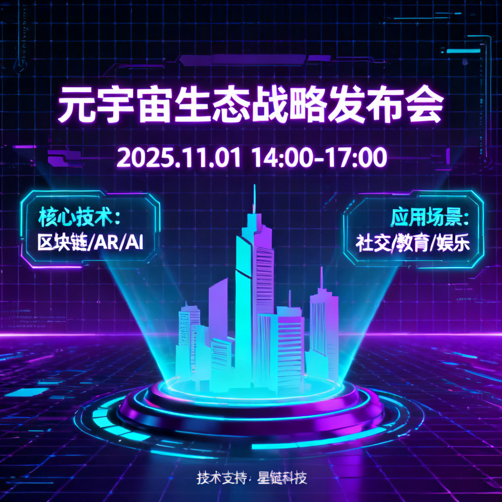 赛博朋克风格元宇宙路演PPT，霓虹紫与青蓝主色调，数字网格背景，全息投影元素，3D建筑剪影，无衬线字体排版