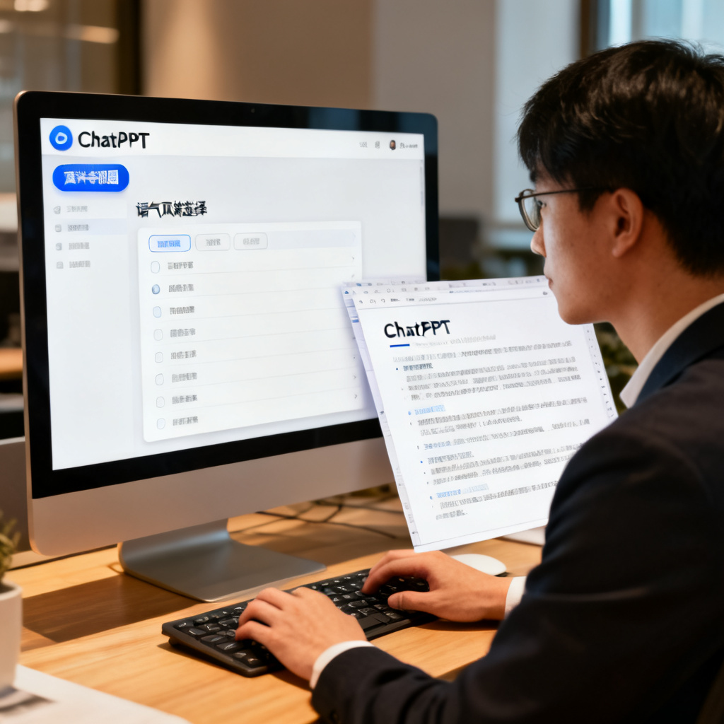 一个职场人在电脑前使用ChatPPT生成演讲稿，界面显示“演讲者视图”和“语气风格选择”菜单，旁边有一份打开的PPT预览
