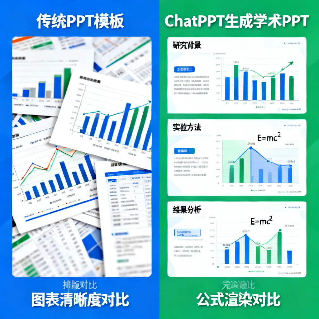 一张对比图,左侧是传统PPT模板,排版混乱、图表模糊;右侧是ChatPPT生成的学术PPT,结构清晰、图表高清、公式完美渲染。