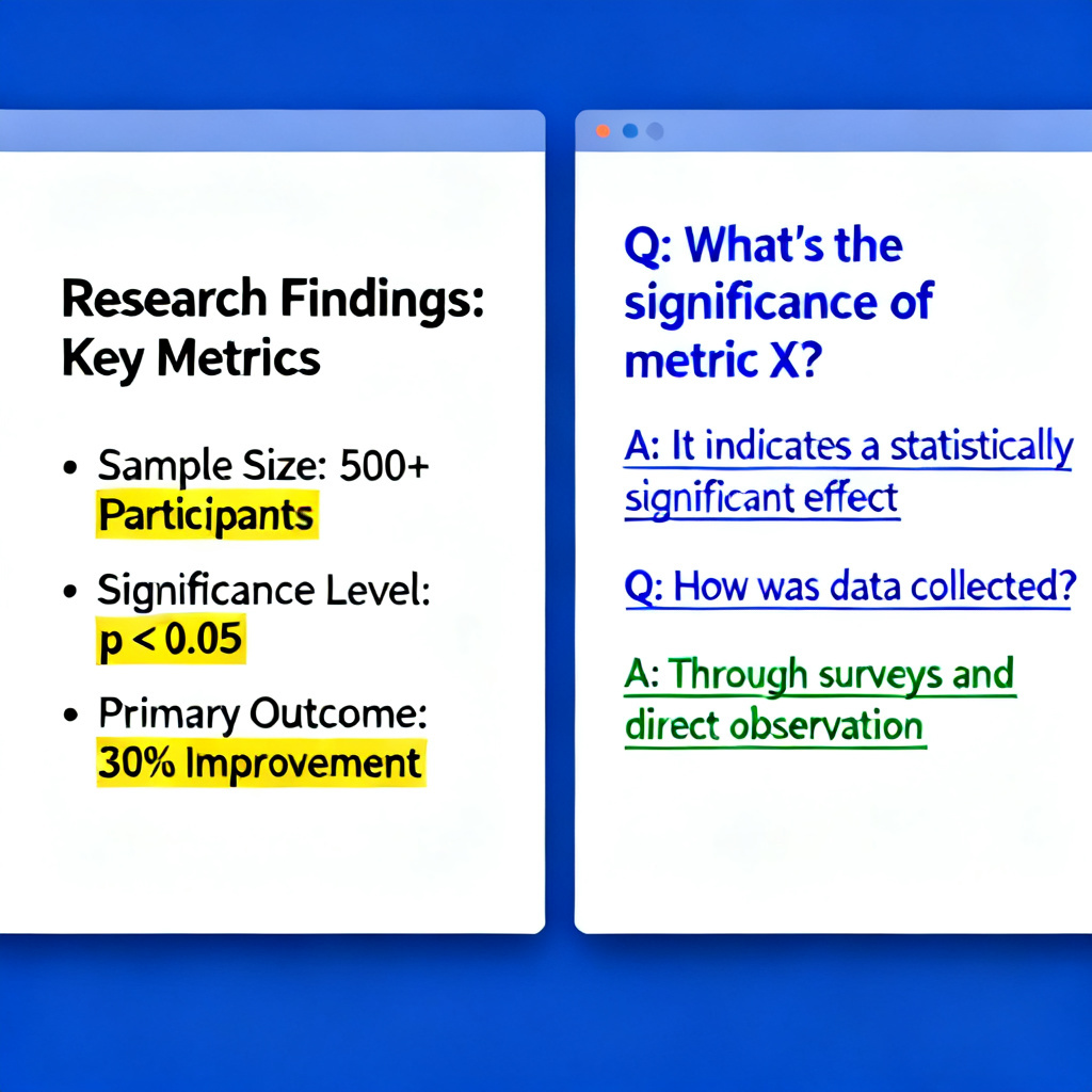 A split-screen showing an academic slide on the left and a generated script with potential Q&A on the right, with highlighted key points