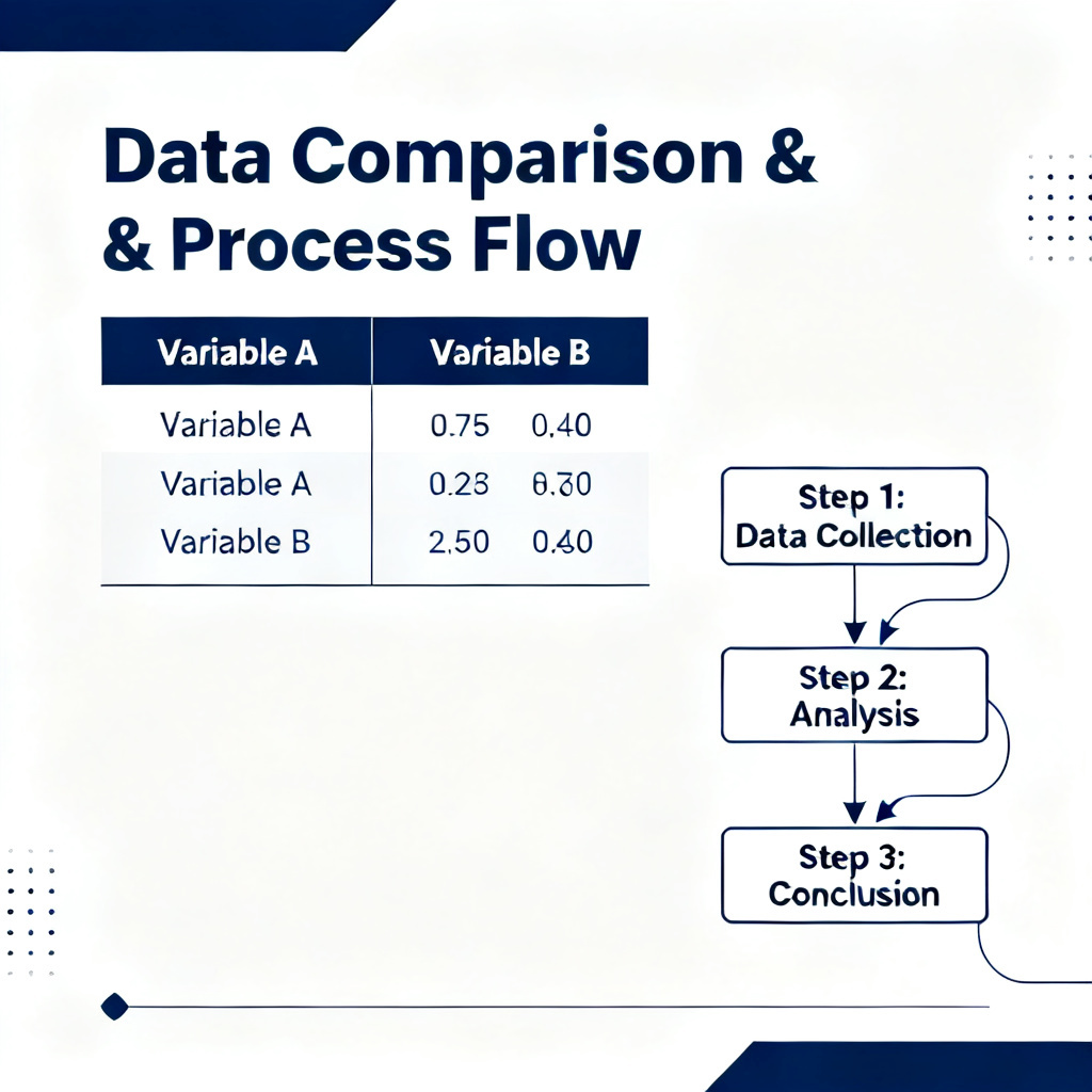 A professional-looking academic PPT slide showing a data comparison table and a flowchart, with clear headings, consistent fonts, and a clean white background with dark blue accents