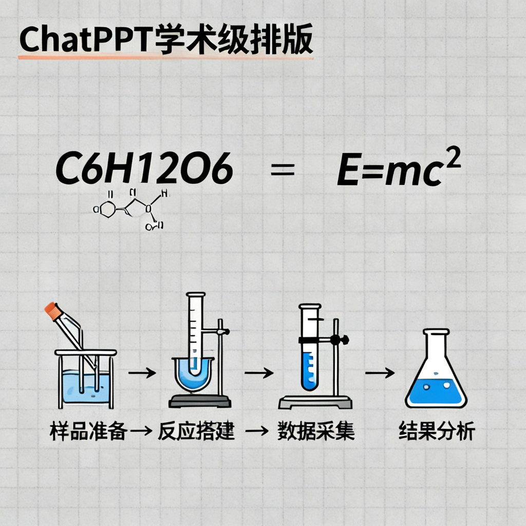 学术模板示例:包含化学分子式、数学公式和实验流程图,页面顶部标注“ChatPPT学术级排版”,背景为浅灰色网格