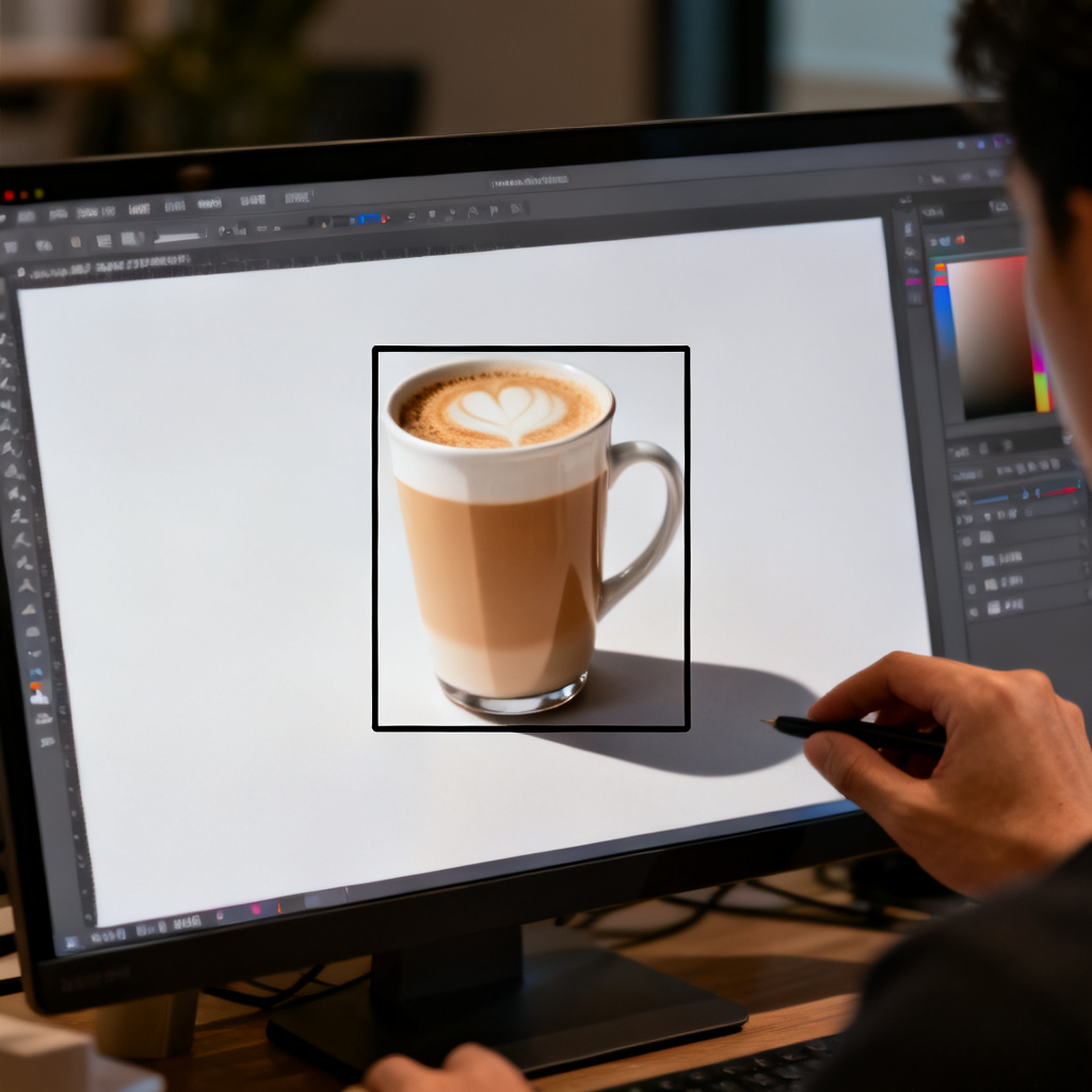 Close-up of a designer editing a slide in a presentation tool: a frame selection box is drawn over a cup of milk tea, then a coffee cup replaces it, while shadows and lighting perfectly blend into the original scene. Visual effects show AI-assisted local repaint.