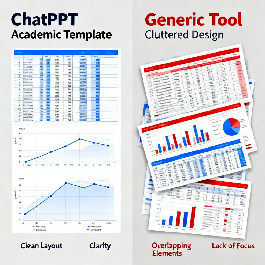A comparison of slide layouts: ChatPPT's academic template with clean data tables and charts vs. a generic tool's cluttered design, highlighting clarity and professionalism.