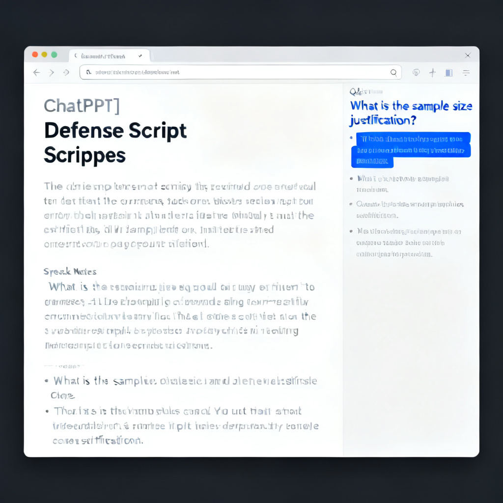 A screenshot-style mockup showing a ChatPPT-generated defense script with speaker notes and a sidebar listing potential Q&A questions, such as 'What is the sample size justification?' with highlighted answers.