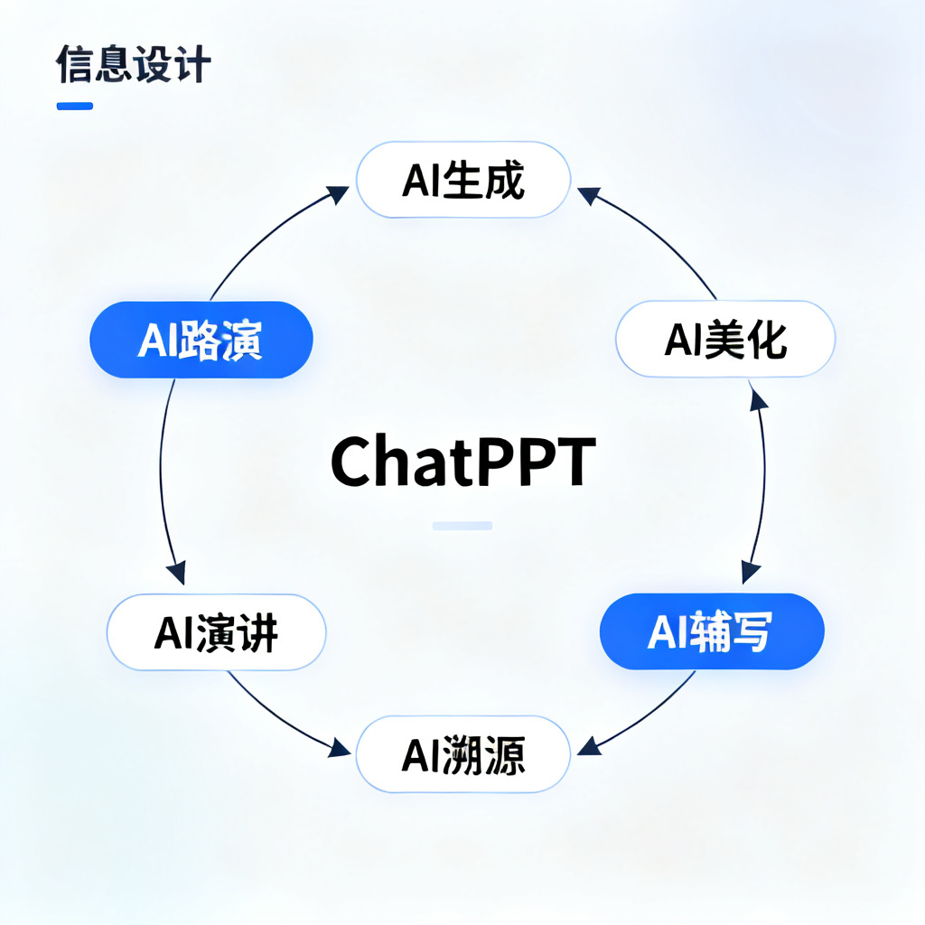一张信息图,展示ChatPPT的8大核心模块,以环形图形式呈现,中心为“ChatPPT”,周围依次标注AI生成、AI美化、AI辅写、AI溯源、AI演讲、AI路演等,并用箭头连接。