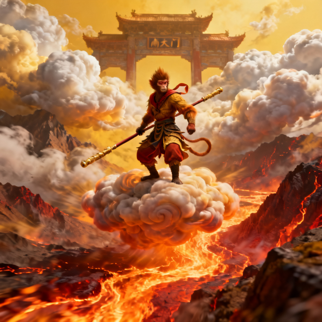 3D西游记风，孙悟空与筋斗云，强烈的体积感与光影，背景是火焰山与南天门，画面充满动感，电影级渲染