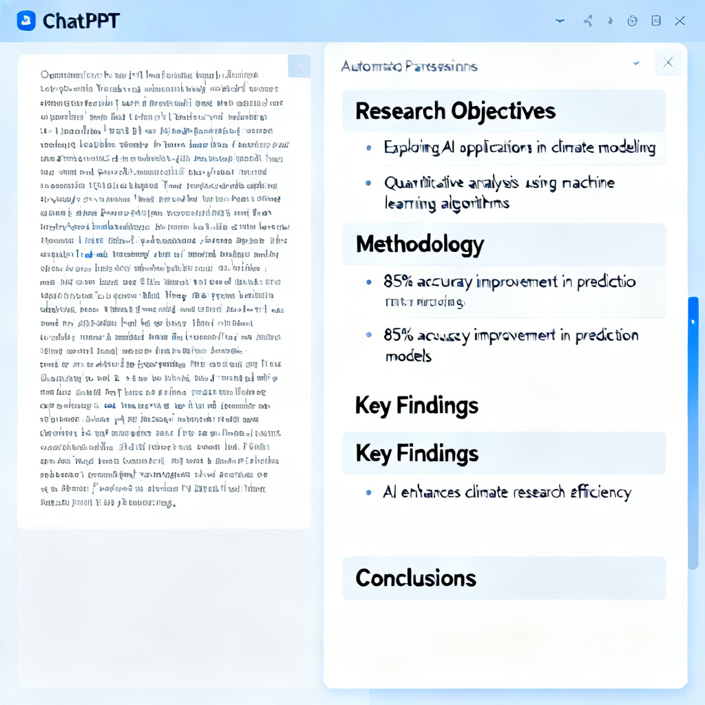 A screenshot of ChatPPT interface showing a complex academic paper abstract being automatically parsed into a structured outline with section headers and bullet points