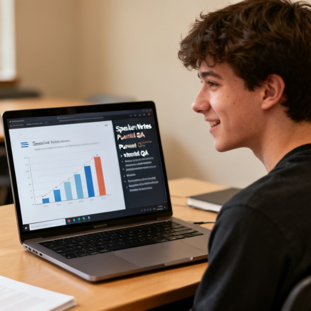A student practicing a presentation in front of a laptop screen. The laptop shows a slide with a chart, and a sidebar displays “Speaker Notes” and “Potential Q&A” with suggested answers. The student has a relieved expression, indicating reduced anxiety.