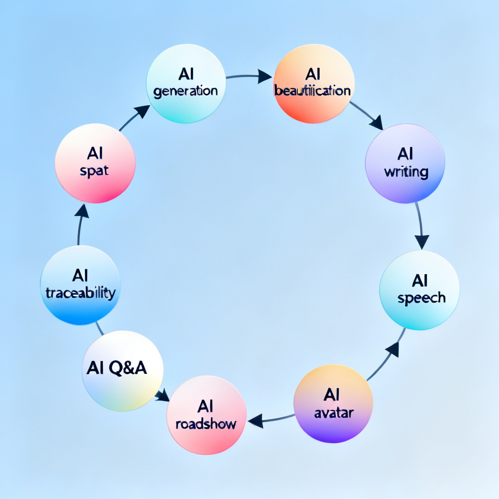 A flowchart illustrating the 8 core modules of ChatPPT: AI generation, AI beautification, AI writing, AI traceability, AI speech, AI roadshow, AI Q&A, and AI avatar, connected in a circular workflow.