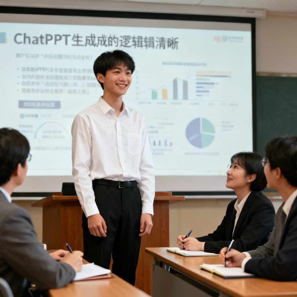一位学生站在答辩讲台上，自信地面对评委，屏幕上展示着ChatPPT生成的逻辑清晰的PPT，评委表情专注，写实风格，柔和自然光