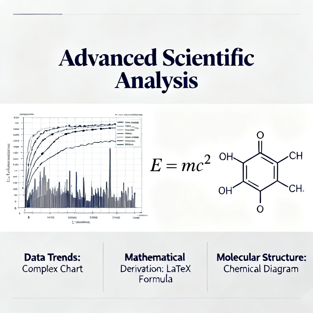 A detailed slide showing a complex scientific chart, a mathematical formula rendered with LaTeX, and a chemical structure diagram, all perfectly aligned with academic template