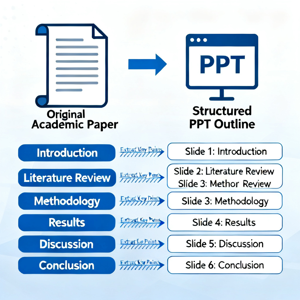 A schematic diagram showing the transformation process from a long academic paper to a structured PPT outline, with clear labels indicating the flow from introduction to conclusion, and arrows showing the logical connections between sections