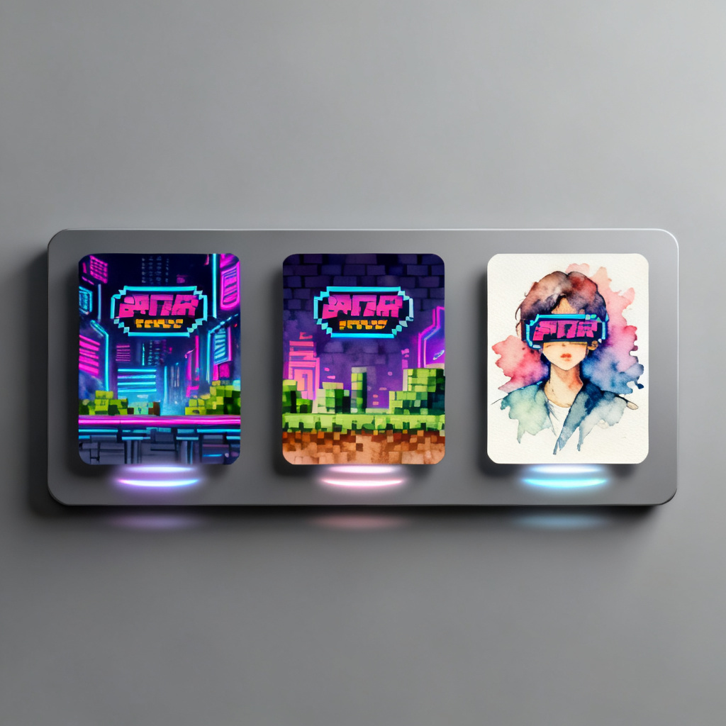 A wide flat-mockup panel showing the same content themed in three different art styles: cyberpunk, pixel game, and watercolor. Each variation is presented as a card with hover glow, indicating unlimited style switching. UI design, minimal gray background, studio lighting.