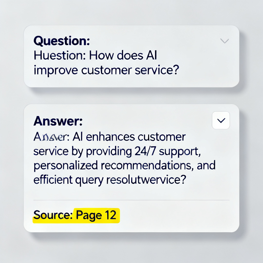A user interface showing a Q&A panel with an AI answer displayed, and a highlighted page number indicating the source of the answer, with a professional presentation background.