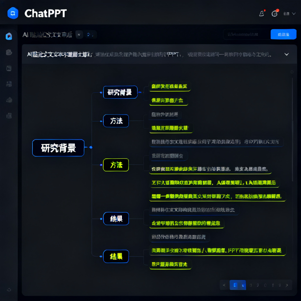 ChatPPT界面截图，展示用户粘贴论文文本后，AI自动生成逻辑清晰的PPT大纲，包含“研究背景”、“方法”、“结果”等部分，文本高亮显示关键点。