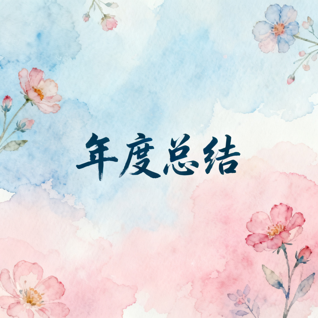 梦幻水彩风格的年度总结PPT首页，带有柔和渐变和手绘花朵，标题使用手写字体，背景为浅蓝色与粉色渐变