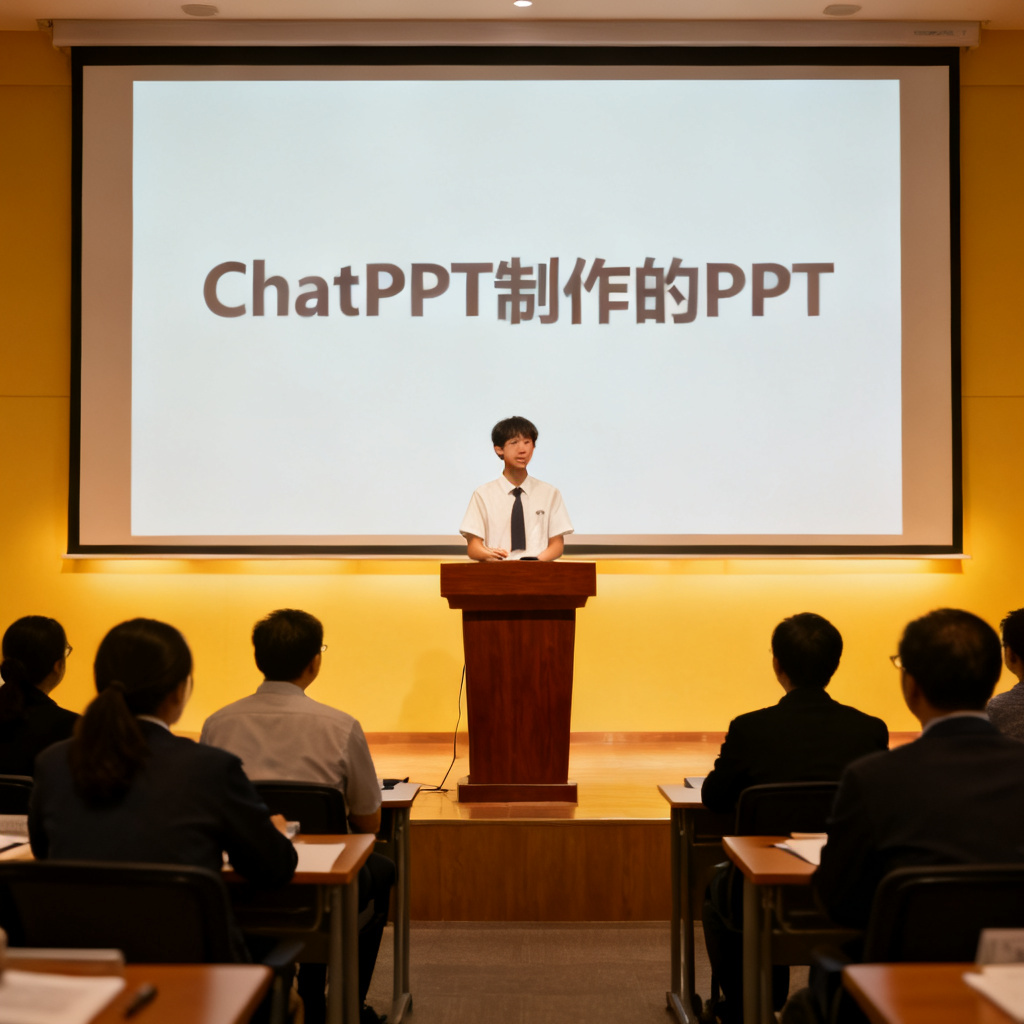 一个学生自信地在答辩台上演讲,大屏幕上显示ChatPPT制作的PPT,台下评委在认真听讲,氛围积极。