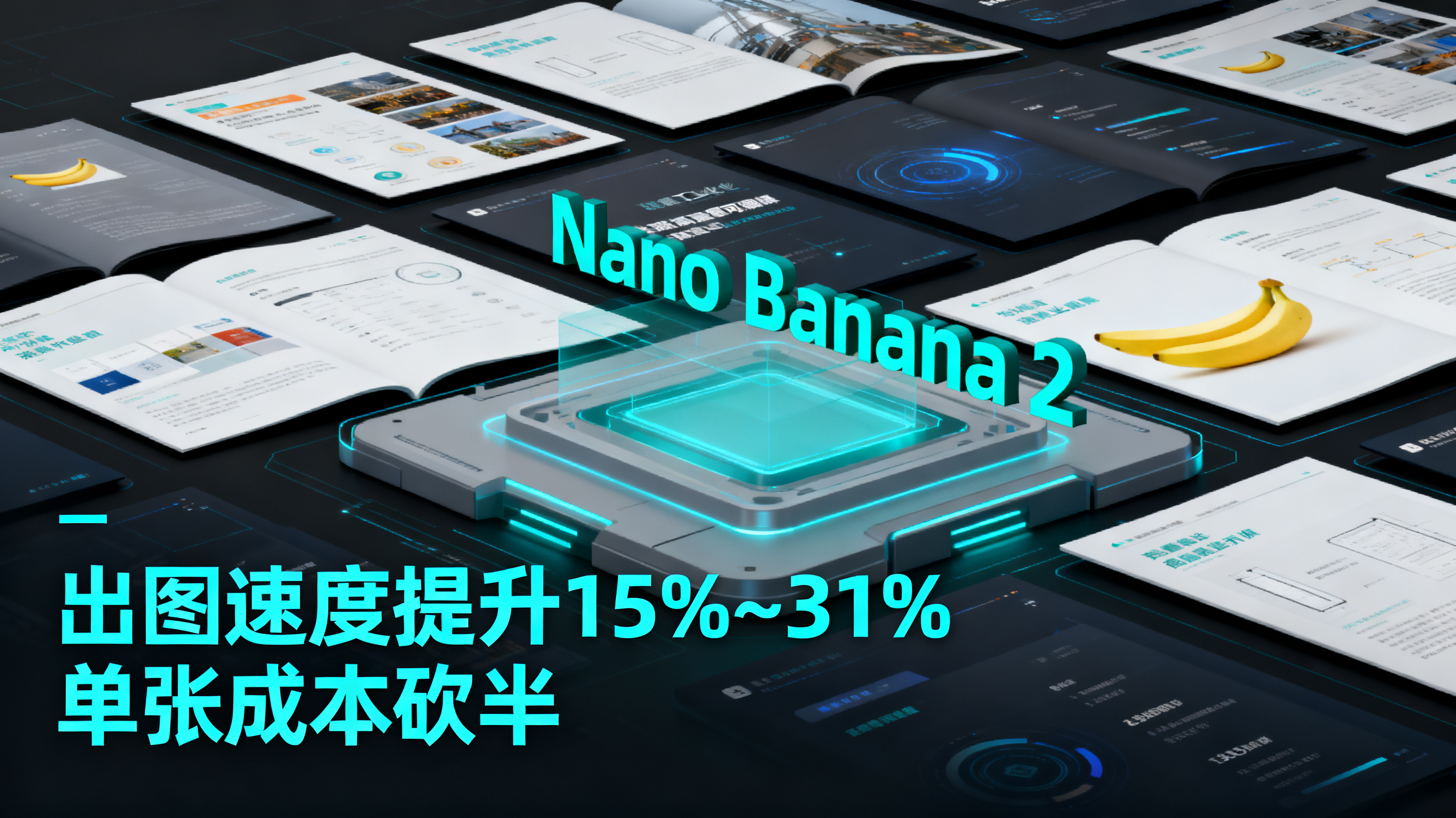 ChatPPT 批量生成效率场景，界面中同时生成数十页高质量可编辑创意演示文稿，标注 Nano Banana 2 出图速度提升 15%~31% 与单张成本砍半，突出专业演示文稿与创意工业化