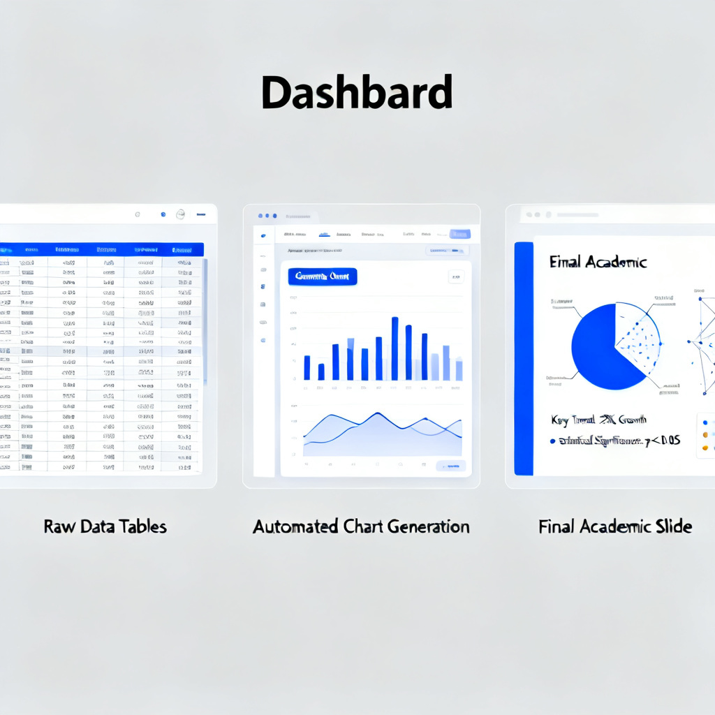 A dashboard-style illustration showing a data analysis workflow: raw data tables on the left, automated chart generation in the middle, and a final academic slide with clear data visualization and annotations on the right.