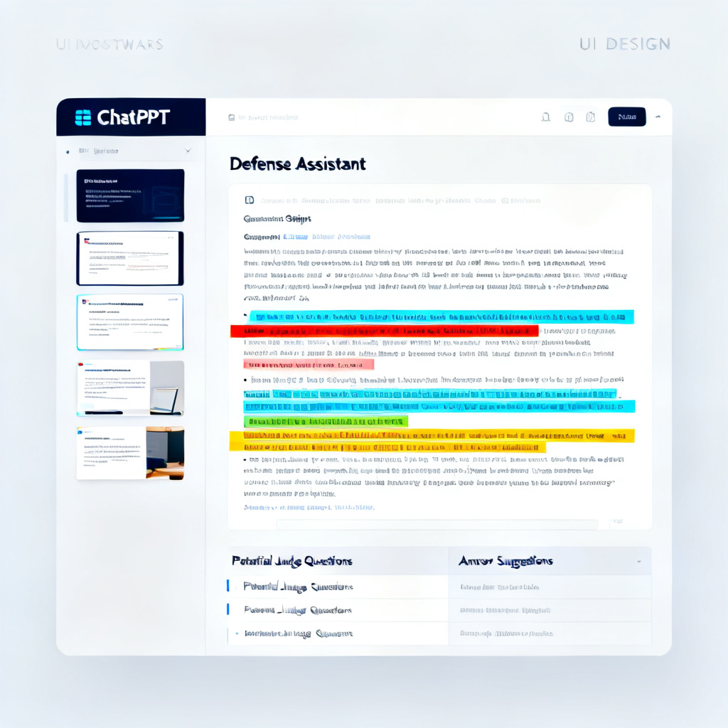 A user interface screenshot showing ChatPPT's "Defense Assistant" feature. The left panel displays a slide preview, the right panel shows a generated defense script with highlighted key points, and a separate section at the bottom lists potential judge questions with answer suggestions.
