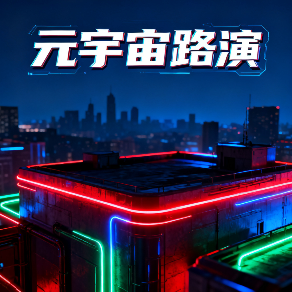 赛博朋克风格元宇宙路演PPT封面，霓虹灯效，城市远景，科技感字体，高对比度