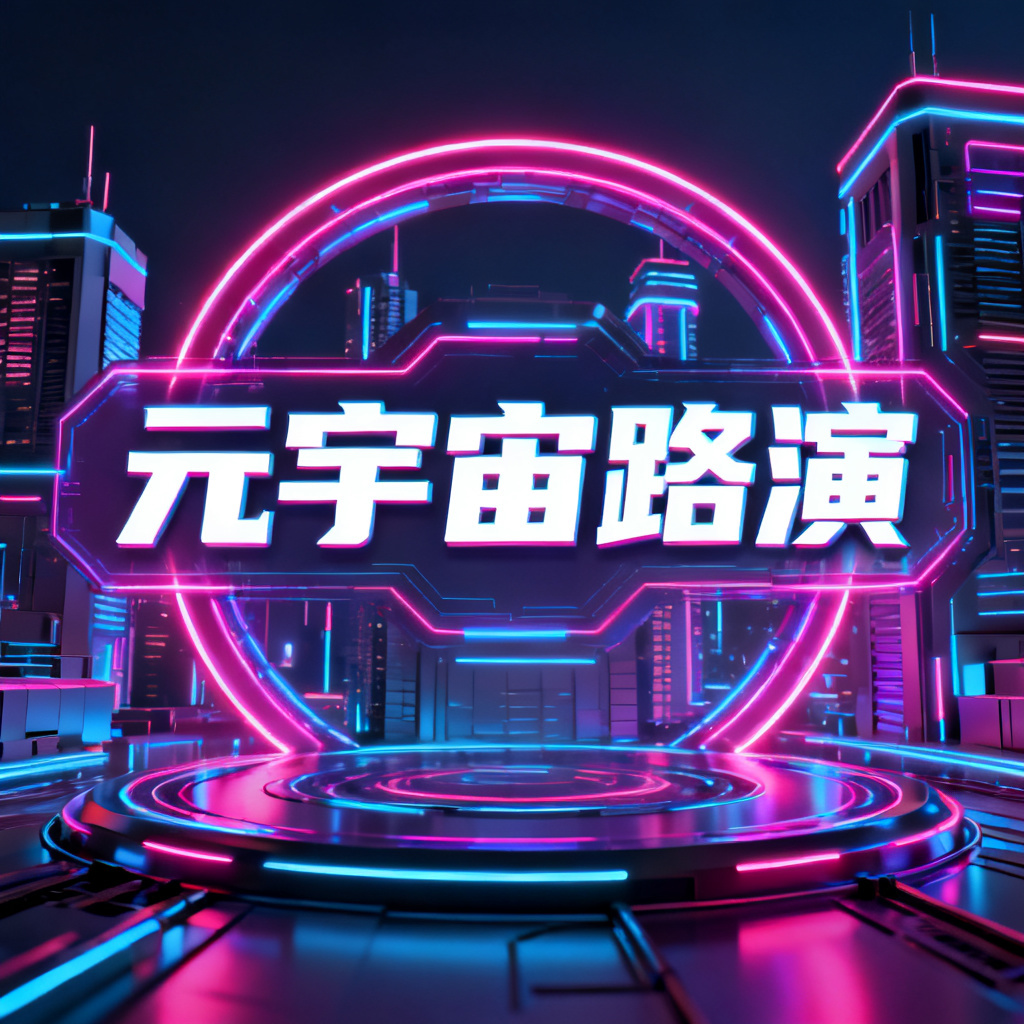 赛博朋克风格元宇宙路演PPT封面,霓虹灯光,3D建筑,未来感,4K