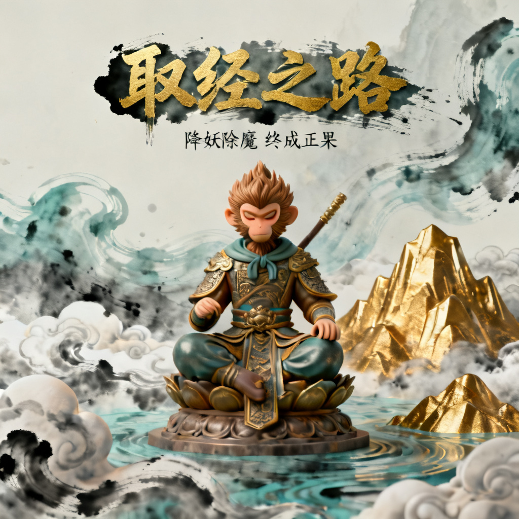 3D西游记风格的PPT内页,孙悟空形象,水墨与3D结合,文字标题“取经之路”,背景有云海和金山