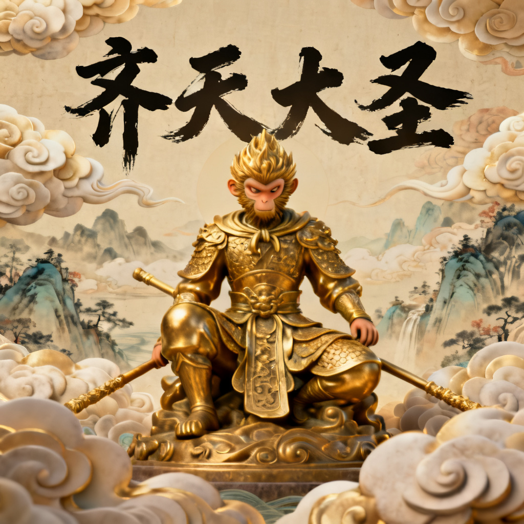 3D西游记风格演示页，中央为齐天大圣孙悟空的金色雕像，背景为祥云与山水画，文字标题使用毛笔字体，整体呈现立体与古典融合的视觉冲击力。
