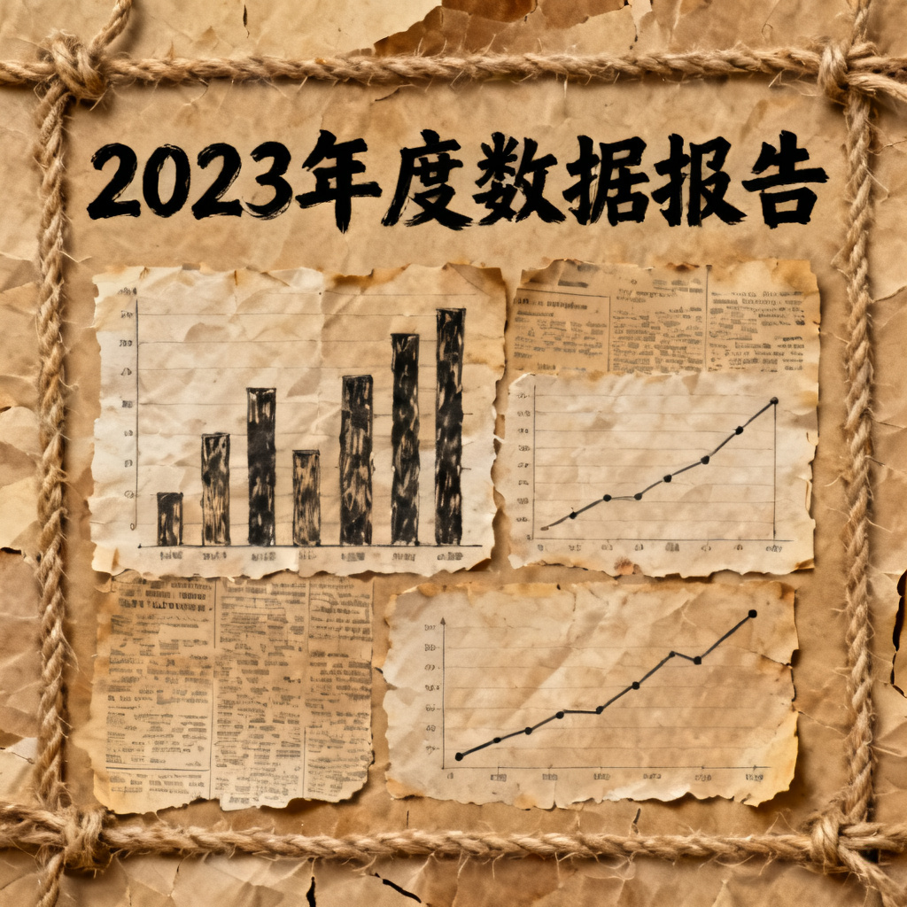 一张牛皮纸贴画风格的PPT内页,用剪报、麻绳、做旧纸张拼贴出公司年度数据,复古质感