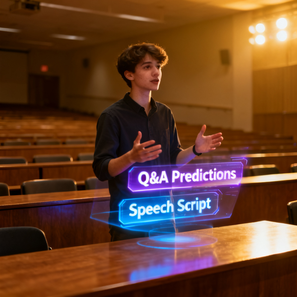 A student confidently presenting a PPT in a lecture hall, with a holographic display showing 'Q&A Predictions' and 'Speech Script', style: cinematic, warm lighting