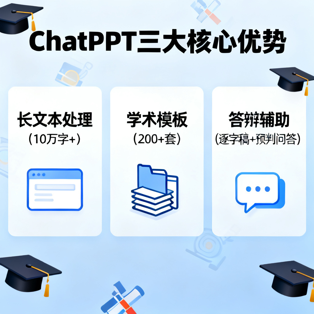 一张信息图表，展示ChatPPT的三大核心优势：长文本处理（10万字+）、学术模板（200+套）、答辩辅助（逐字稿+预判问答），背景有学位帽和学术图标