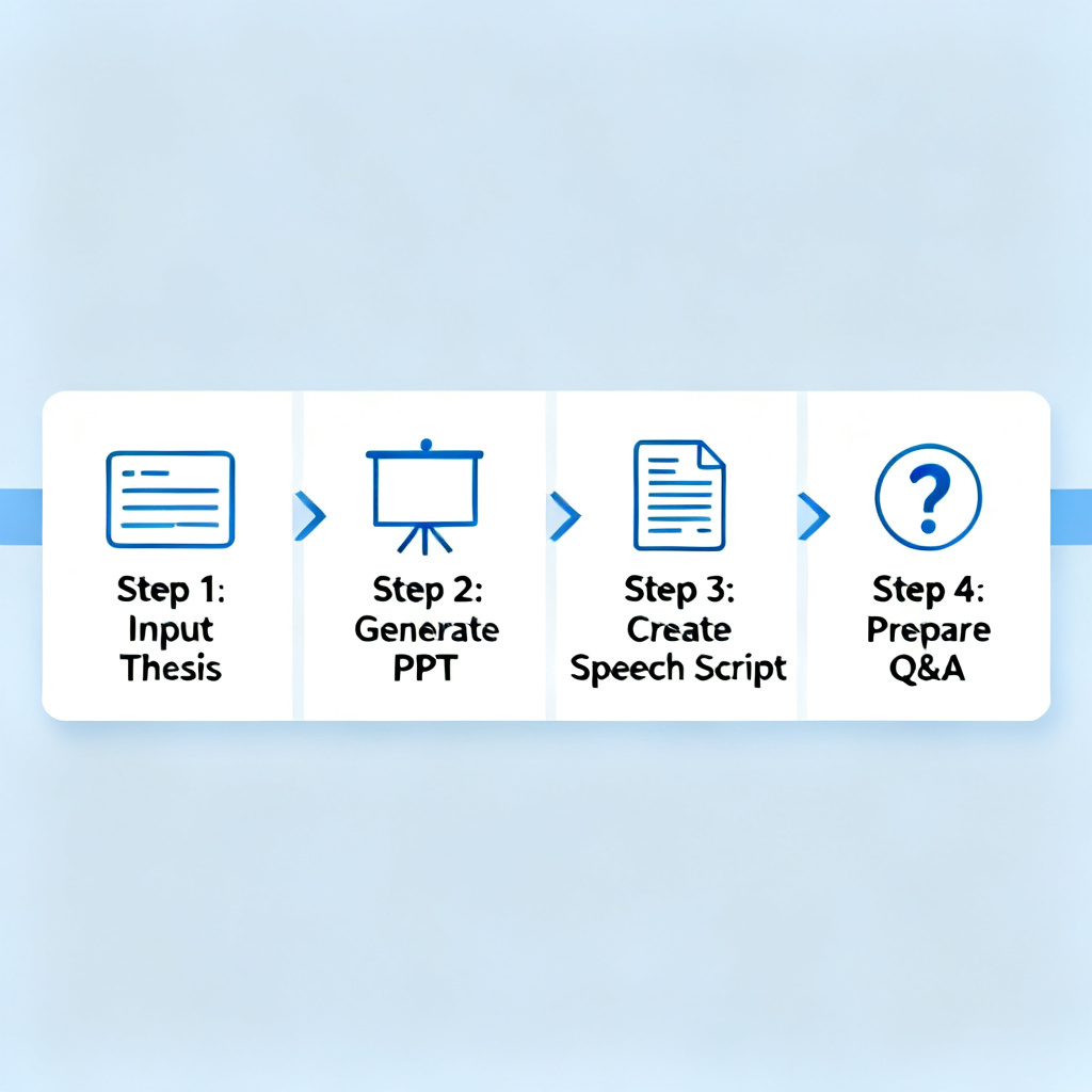 An infographic showing the workflow of ChatPPT: from inputting a thesis to generating a PPT with speech script and Q&A prep, minimalist flat design