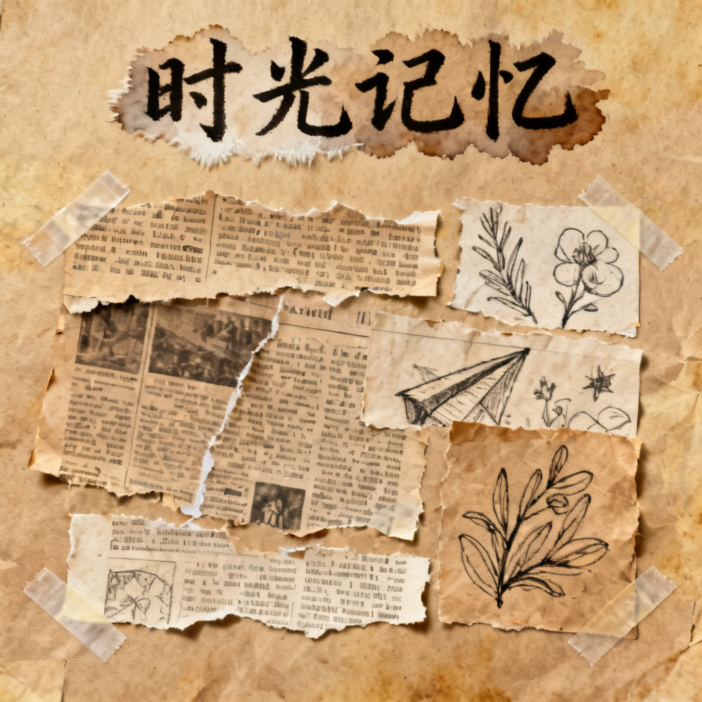 牛皮纸贴画风格幻灯片，拼贴元素，手写字体，复古质感